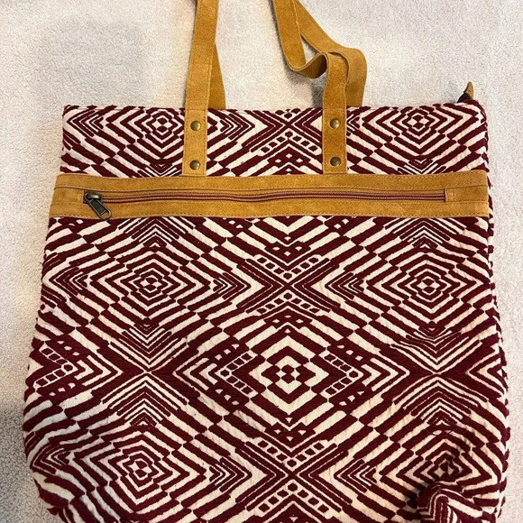 Boho Tote Bag Maroon Woven Ethnic Pockets Geometric Shoulder Leather Straps - Picture 4 of 14